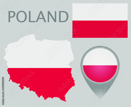 Colorful flag, map pointer and map of Poland in the colors of the polish flag. High detail. Vector illustration