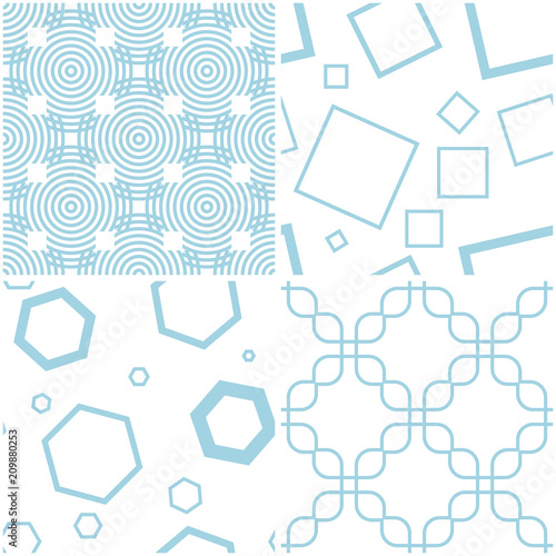 Geometric patterns. Set of blue elements on white. Seamless backgrounds