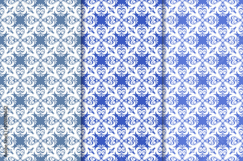Set of floral ornaments. Vertical blue seamless patterns
