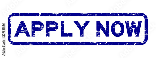 Grunge blue apply now square rubber seal stamp on white background
