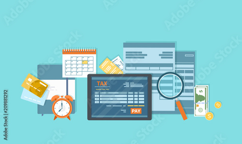 Tax payment. Mobile payment service. Government, State taxes. Tax form, financial calendar, magnifying glass, money, gold coins, credit card, invoices, alarm clock. Payday icon. Vector background.