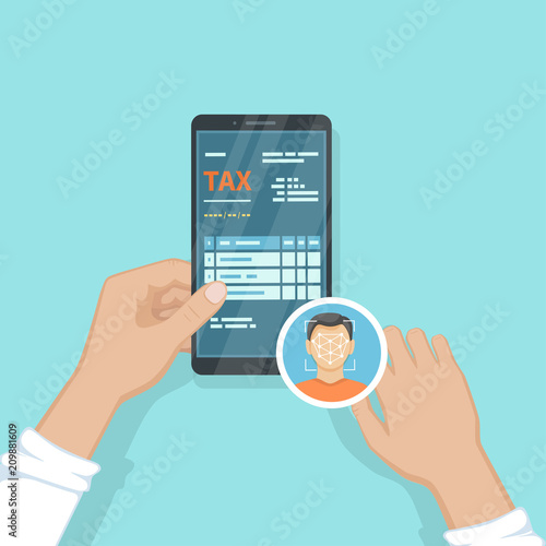 Human pay taxes using Face Recognition And Identification, Face ID on his smartphone. Online tax payment via phone. Man holding a mobile phone with tax form on screen. Fast payment of bills, services.