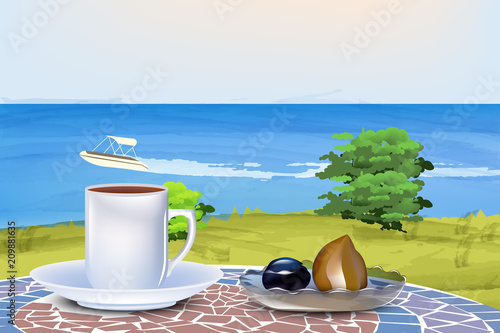 Coffee and oriental sweets on summer sea background Vector
