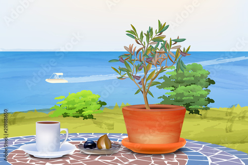 Coffee and olive tree at summer sea background Vector