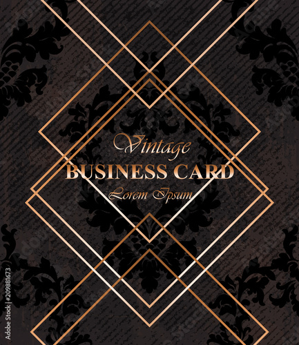 Business card background dark color Vector. Golden frames over classic baroqu...