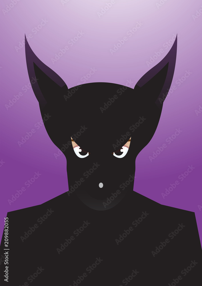 Vector portrait drawing of bat eared Superhero silhouette on purple background, Role model, protector, villain, hero concept illustration.