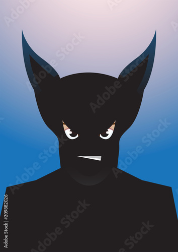 Vector portrait drawing of bat eared Superhero silhouette on blue background, Role model, protector, villain, hero concept illustration.