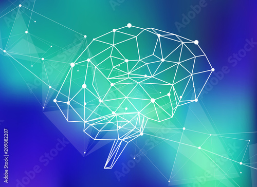 human brain of triangles, lines & dots located on a blue technological background - conceptual illustration symbolizing artificial intelligence & modern biotechnology & HUD interface