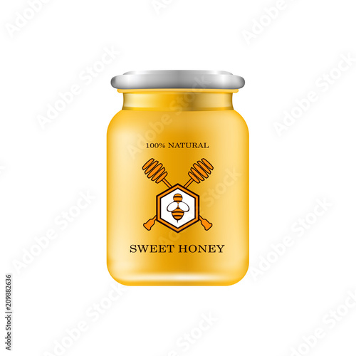 Realistic glass jar with honey. Food bank. Honey packaging design. Honey logo. Mock up glass jar with design label or badges. Vector illustrations.