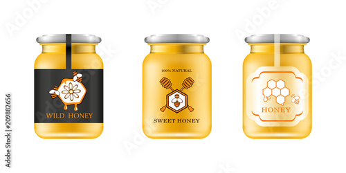 Realistic glass jar with honey. Food bank. Honey packaging design. Honey logo. Mock up glass jar with design label or badges. Vector illustrations.