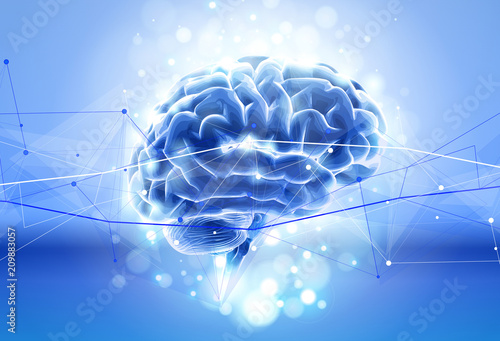 Human brain on a blue technological background surrounded by information fields, neural networks, Internet webs - the concept of modern technology, biotechnology, artificial intelligence / vector draw