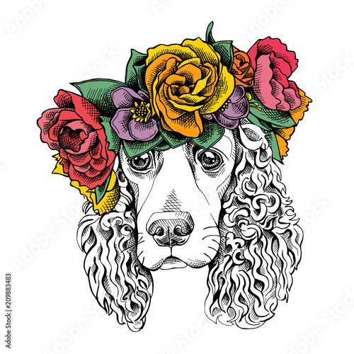 Portrait of a Spaniel dog in a floral head wreath. Vector illustration.