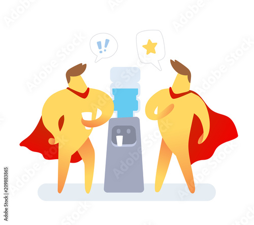 Vector illustration of yellow color two super man with red cloak talking near water cooler on white background. Super hero cartoon character communication concept.