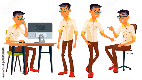 Office Worker Vector. Thai, Vietnamese. Facial Emotions, Gestures. Business Person. Poses. Animated Elements. Career. Modern Employee, Workman, Laborer. Isolated Flat Cartoon Character Illustration