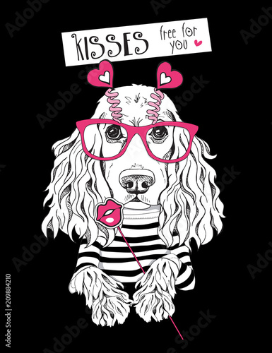 Card of a Valentine's Day. Cocker Spaniel Dog in a striped cardigan, in a fun pink heart glasses and with a lips Photo Booth. Vector illustration.