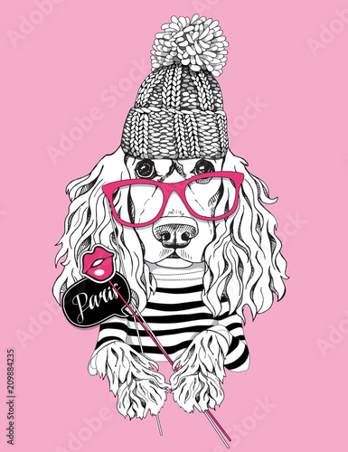 Card of a Valentine's Day. Cocker Spaniel Dog in a striped cardigan, in a knitted cap and with a Photo Booth Props. Vector illustration.