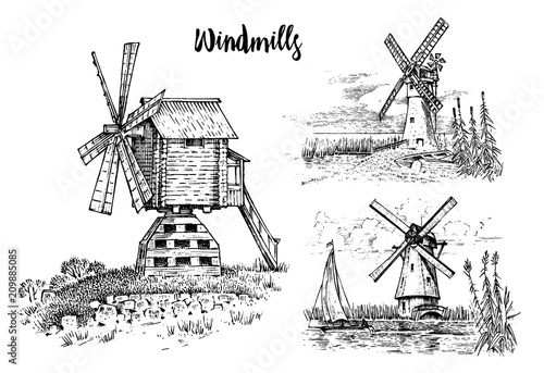 Windmill landscape in vintage, retro hand drawn or engraved style, can be use for ecological bakery logo, wheat field with old building. Rural organic agricultural production. Vector illustration.