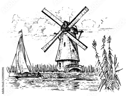 Windmill landscape in vintage, retro hand drawn or engraved style, can be use for ecological bakery logo, wheat field with old building. Rural organic agricultural production. Vector illustration.