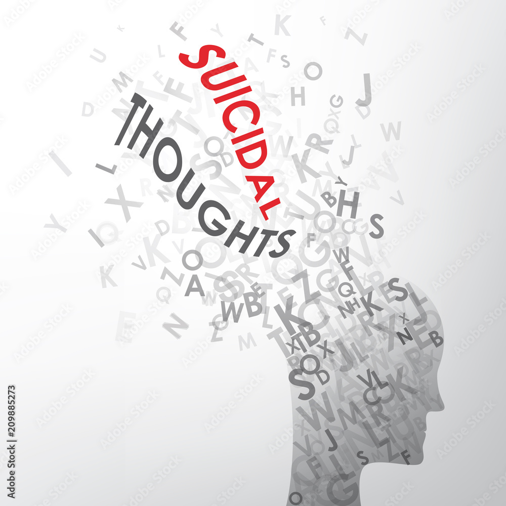 Letters exploding out of head silhouette spelling SUICIDAL THOUGHTS