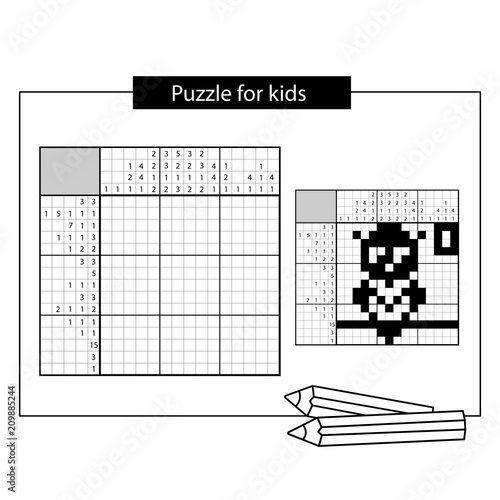 Owl. Black and white japanese crossword with answer. Nonogram with answer. Graphic crossword. Puzzle game for kids. photo