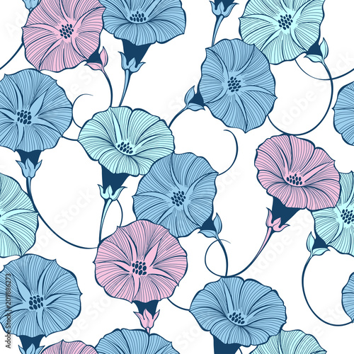 Floral seamless pattern with hand drawn bindweed flowers on a white background. Vector color illustration.