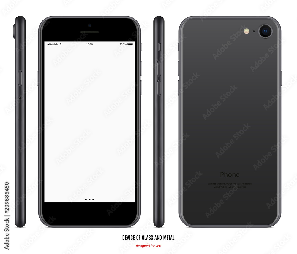 smartphone mockup in matte black color with blank screen front, back and side on white background. stock vector illustration eps10