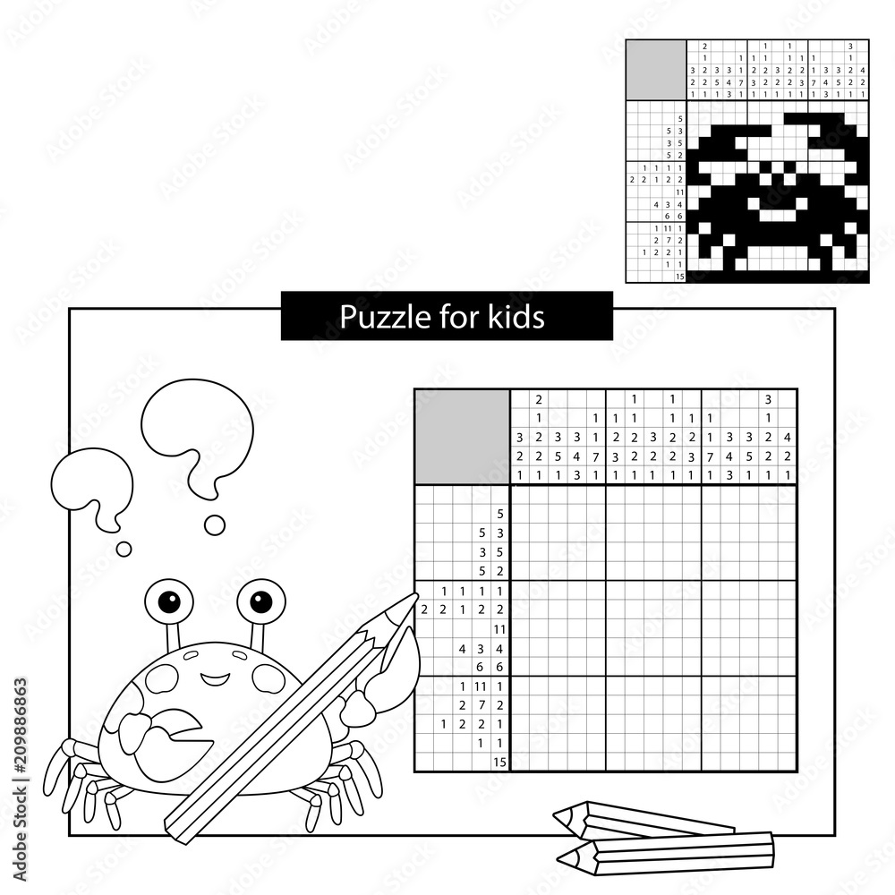 Education Puzzle Game for school Children. Crab. Black and white japanese crossword with answer