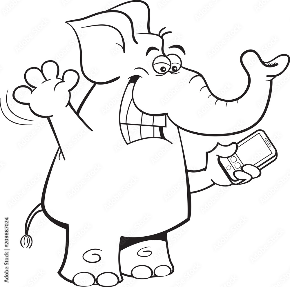 Black and white illustration of an elephant holding a cell phone. Black and white illustration of an elephant holding a cell phone.