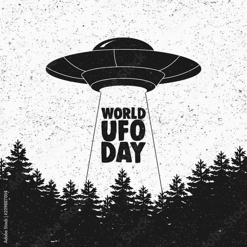 Ufo flying spaceship. World UFO Day. Flying saucer. Vector