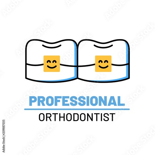 Professional orthodontist logo. Alignment of teeth with braces. Dental clinic services. After correction with brackets. Stomatology check up, hygiene and treatment. Teeth implantation and restoration.