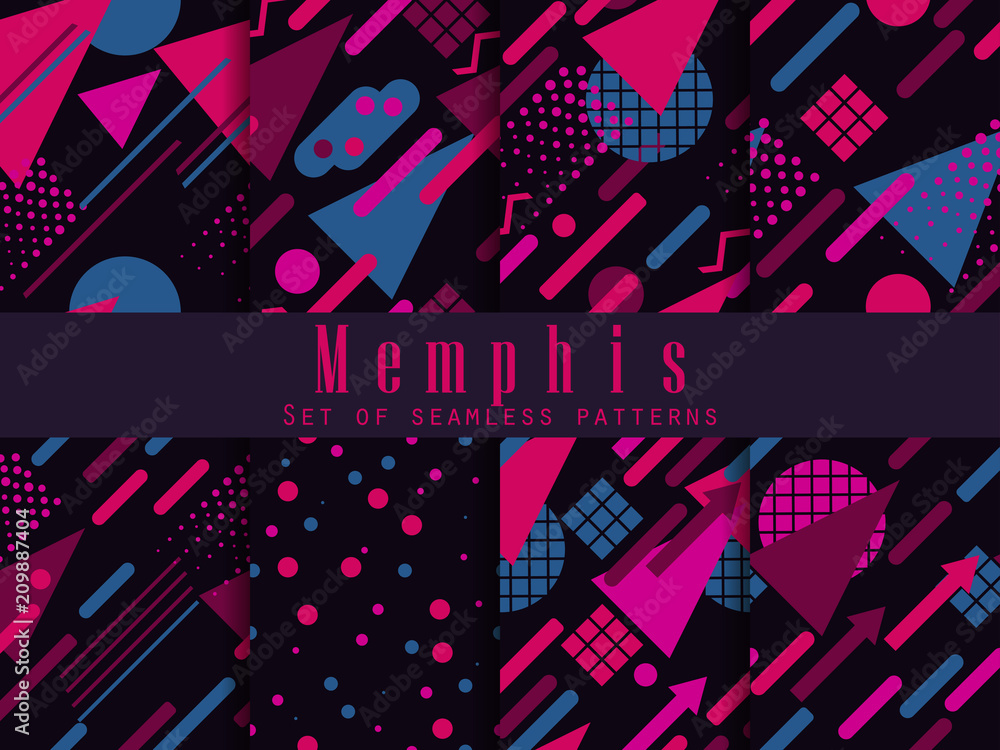 Memphis seamless pattern. Geometric elements memphis in the style of 80's. Synthwave retro background. Retrowave. Vector illustration