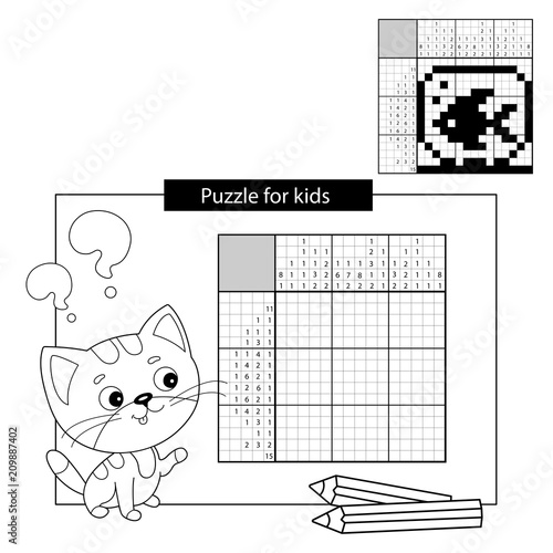 Vecteur Stock Education Puzzle Game for school Children. Aquarium with  fish. Black and white japanese crossword with answer. Coloring Page Outline  Of little cat. Coloring book for kids. | Adobe Stock