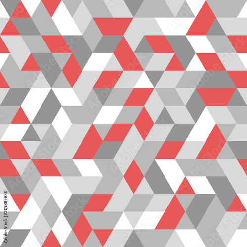 Geometric pattern with white, gray and red triangles. Geometric modern ornament. Seamless abstract background