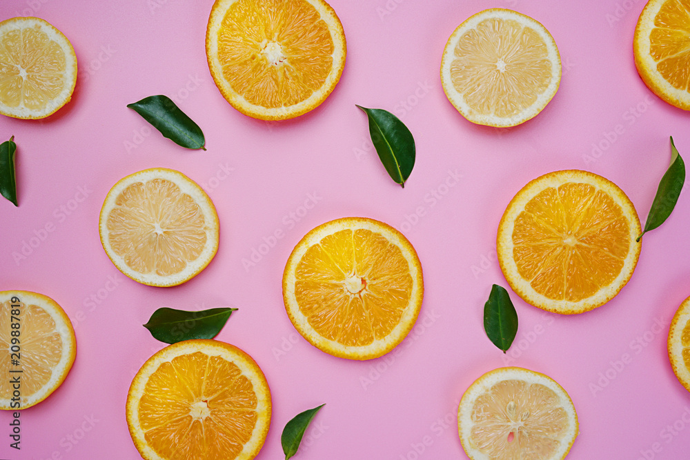 Orange Lemon Leaves Citrus Pattern on Pink Background Minimal Flat Lay