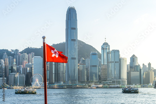 Photography hongkong flag with city skyline