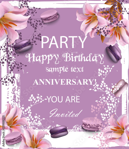 Birthday party invitation Vector. Flowers and macaroons over vintage backgrou...