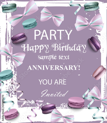 Birthday party invitation Vector. Flowers and macaroons over vintage backgrou...