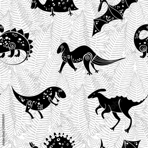 Seamless pattern with silhouettes of cartoon dinosaurs on a background of ferns. Monochrome vector illustration.