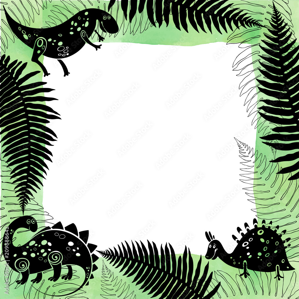 Background with cartoon dinosaurs, ferns and place for text. Vector