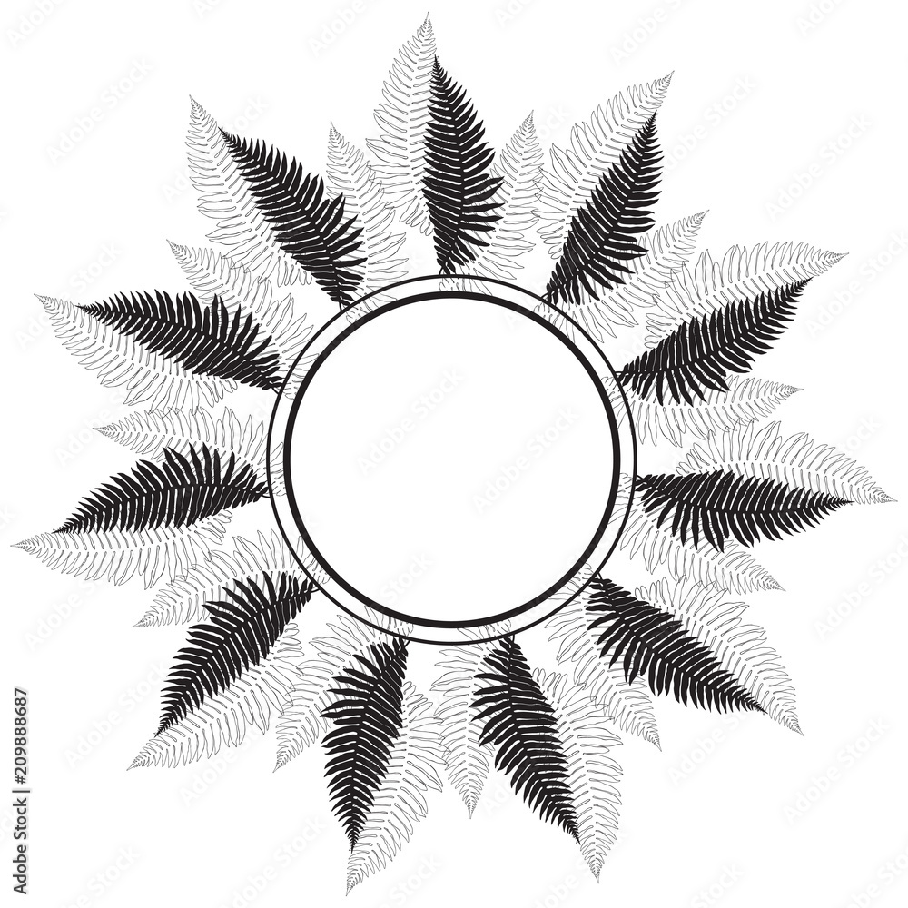 Floral background with ferns and place for text. Black and white vector round frame. Square. It can be an invitation, a greeting card or an element of your design. Floral background with ferns and place for text. Black and white vector round frame. Square. It can be an invitation, a greeting card or an element of your design.