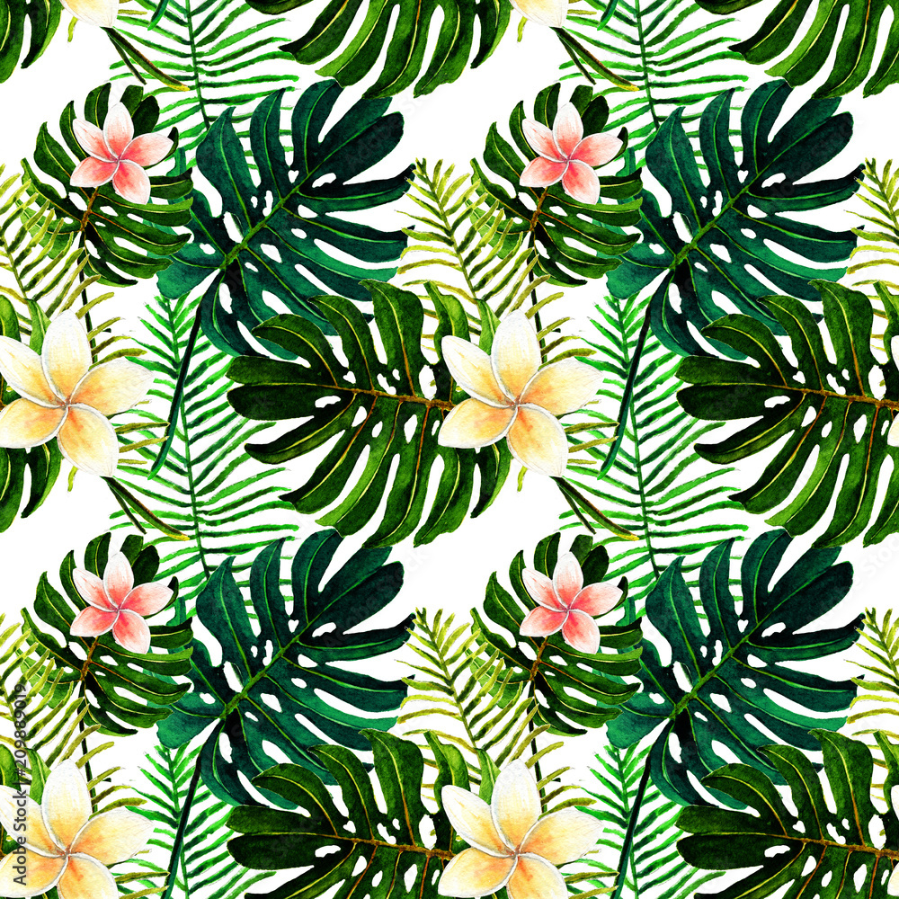 Fototapeta premium Watercolor, tropical green leaves, Monstera, palm, seamless pattern