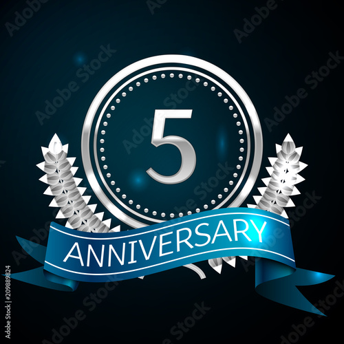 Realistic Five Years Anniversary Celebration Design with Silver Ring and Laurel Wreath, blue ribbon on blue background. Colorful Vector template elements for your birthday celebrating party
