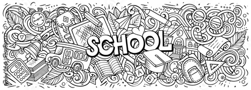 Cartoon cute doodles School word. Colorful illustration