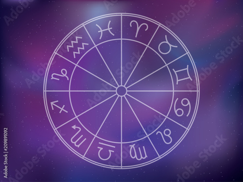 Zodiac signs background. Astrological calendar circle, zodiacal purple violet trendy color vector horoscope. Cosmos, space. Aquarius, libra, leo, taurus, cancer, pisces, virgo, capricorn