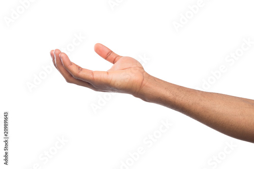 African-american man holding palm open isolated on white