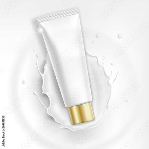 Design cosmetics product advertising for catalog, magazine. Mock up of cosmetic package. Moisturizing cream, gel, milk body lotion with milk. Milk splash