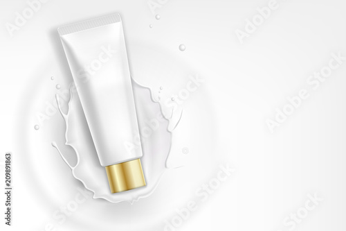 Design cosmetics product advertising for catalog, magazine. Mock up of cosmetic package. Moisturizing cream, gel, milk body lotion with milk. Milk splash