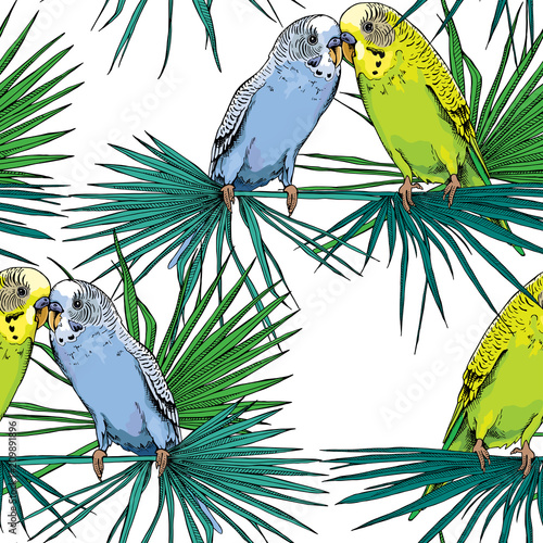 Seamless pattern. Two Beautiful little green and blue Wavy Parrots kiss on a Tropical leaves. Vector illustration.