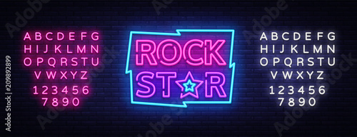 Rock Star Neon Sign Vector Illustration. Design template neon signboard on Rock Music, Light banner, Bright Night Advertising. Vector. Editing text neon sign