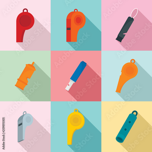 Whistle coaching blow icons set. Flat illustration of 9 whistle coaching blow vector icons for web